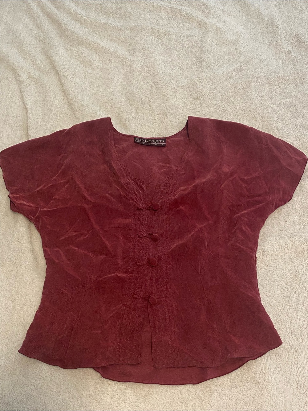 BB Design Burgundy Short-Sleeve Button Front Suede Blouse